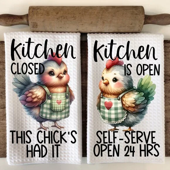 Kitchen Closed/ Kitchen Open Towel Set, Great Housewarming Gift, Wedding Gift - Picture 1 of 10